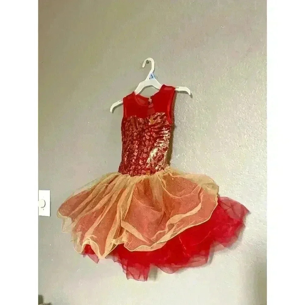 Dance Costume Child Small Red Gold Ballet Dance Sequin Tutu Dress‎ - Picture 3 of 9